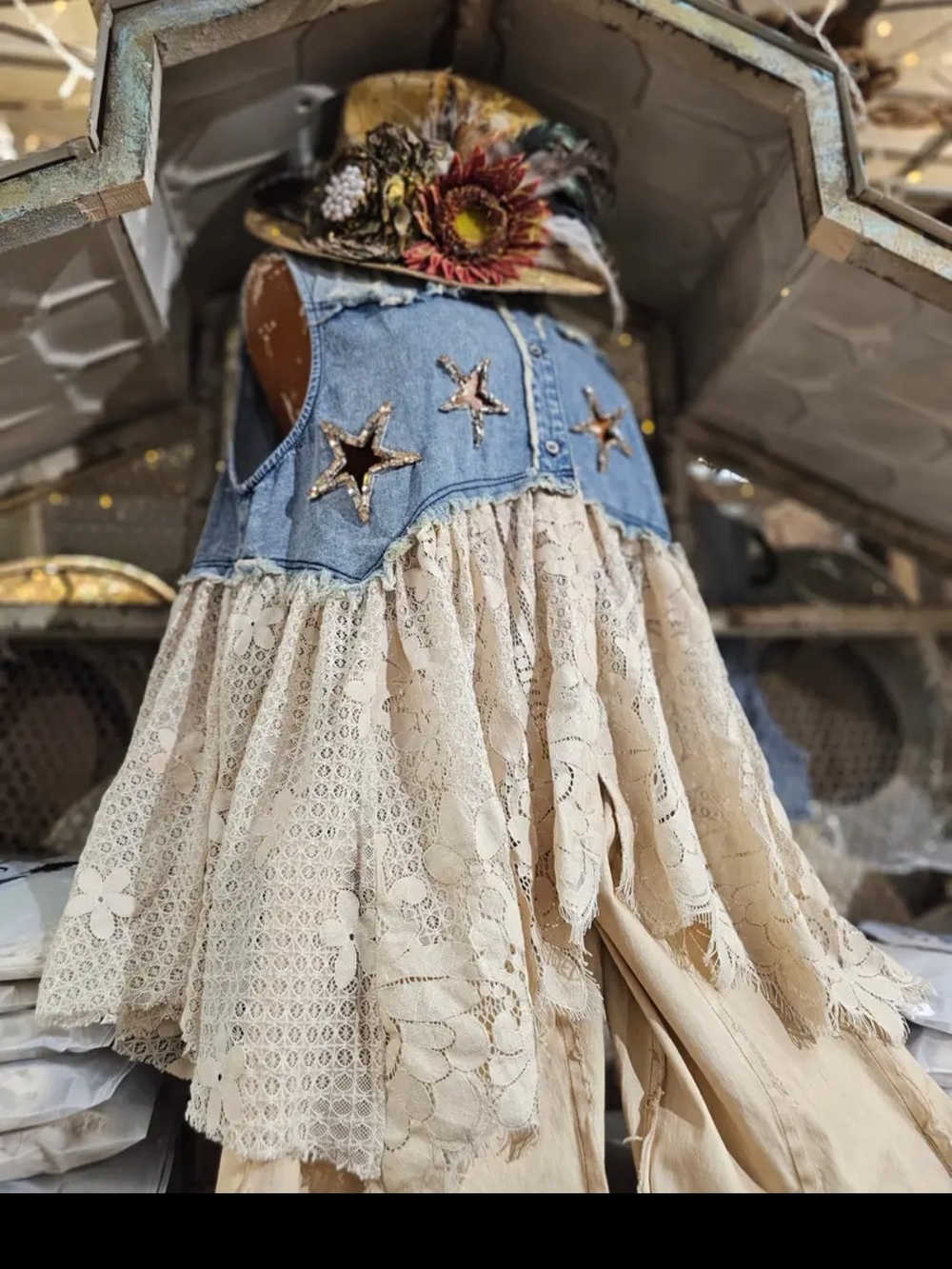 A Rare Bird Tin Star Wishes Vest  Denim Yoke Lace Tiered Vest - Cream